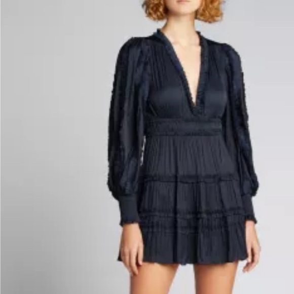 ULLA JOHNSON Gemma Satin Like Mini Dress V Neck Bishop Sleeve Midnight Blue - Picture 4 of 14